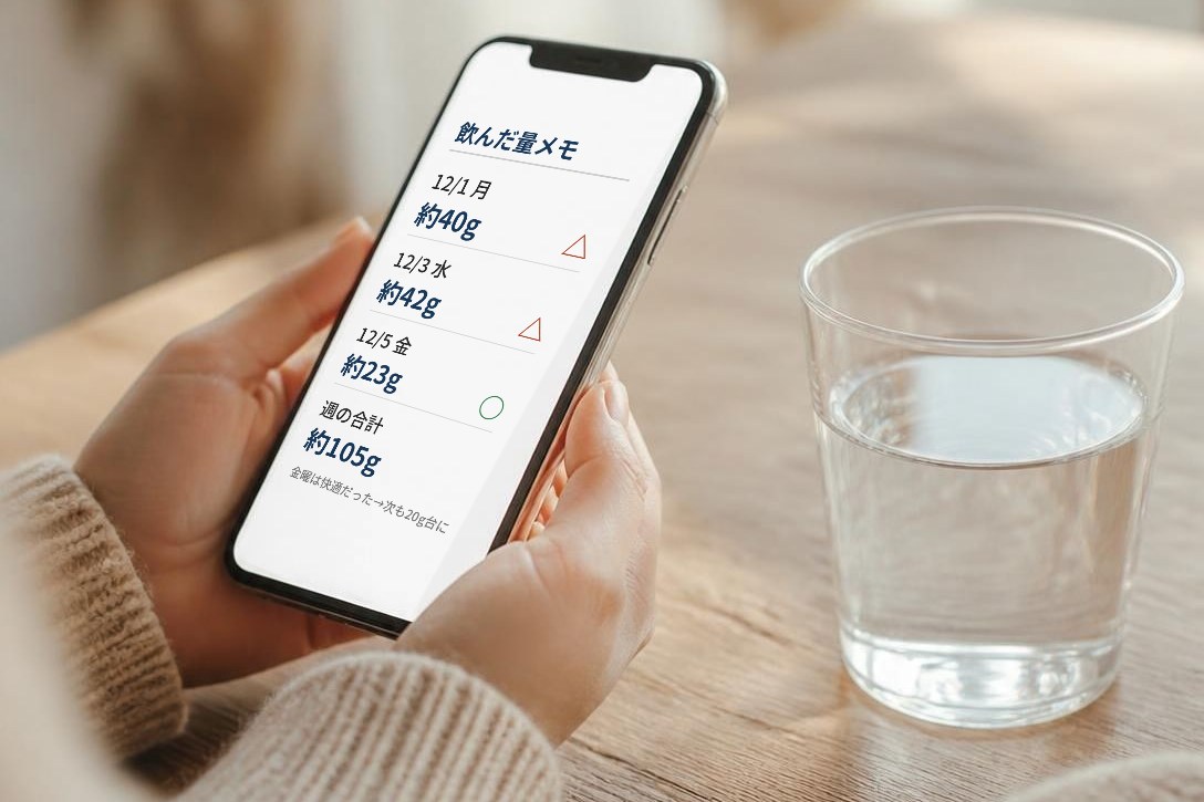 飲んだお酒の量と翌朝の体調をスマホのメモに記録している様子