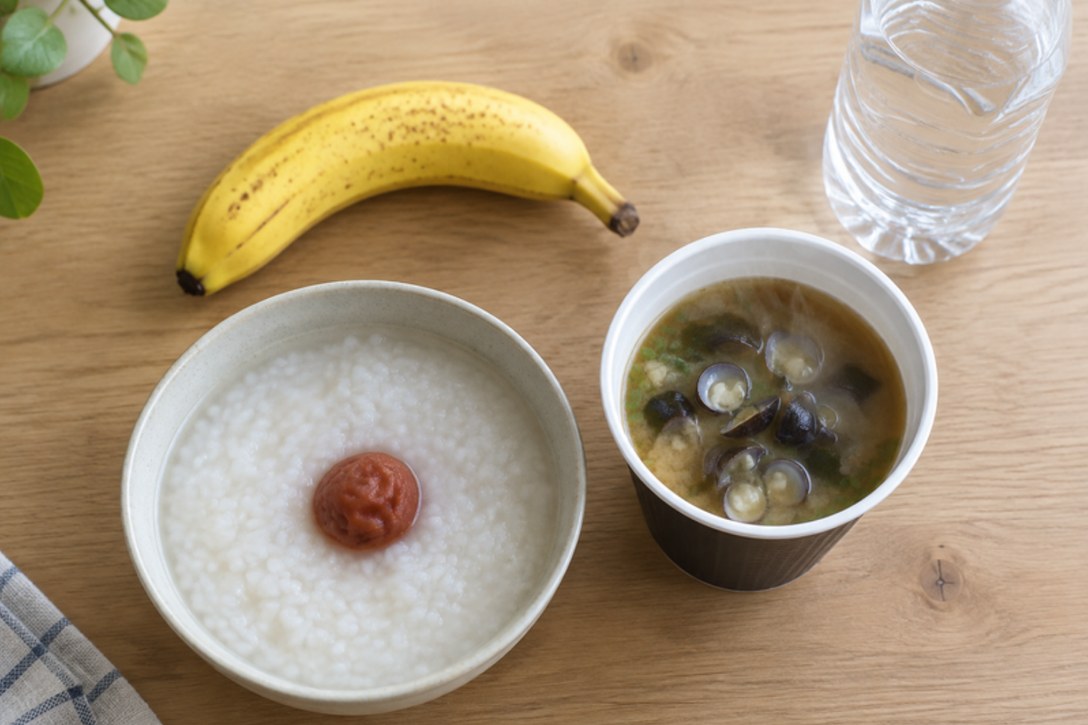 梅がゆ、カップのしじみ汁、バナナ、ペットボトルの水を並べた手軽な朝ごはん